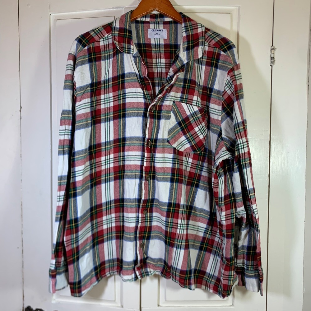 Old Navy Mens XXL White Tartan Flannel Pajama Top Long Sleeve Plaid Button Up